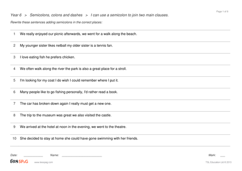 Semi-colons, Colons and Dashes Question Sheets - Year 6 Spag | Teaching ...