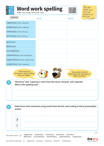 suffix ous using cious tious spelling worksheet year 6 spag