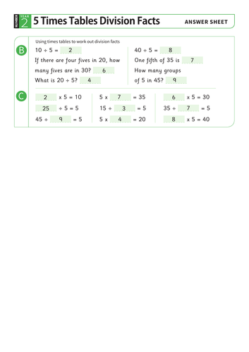 5 times tables division facts worksheet ks1 number teaching resources