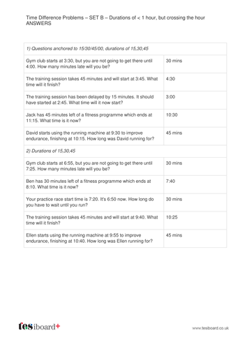 Time Difference Problems Worksheet: Set B - KS2 Measurement | Teaching