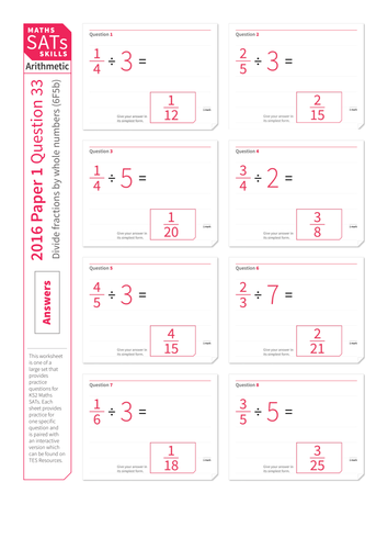 Divide A Fraction By A Whole Number KS2 Maths Sats Arithmetic Practice Worksheet Teaching 