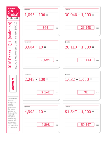 Subtract 10 100 And 1 000 KS2 Maths Sats Arithmetic Practice 