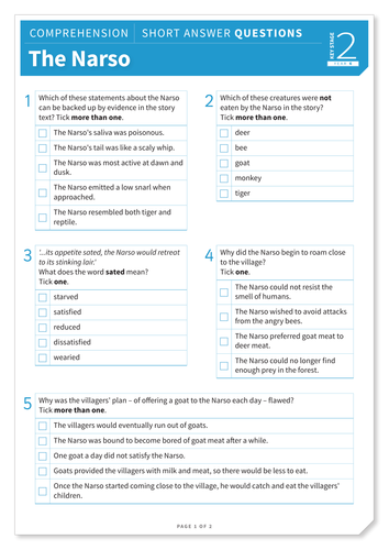 The Narso Text And Questions Exercise Year 6 Reading Comprehension Fiction Teaching Resources