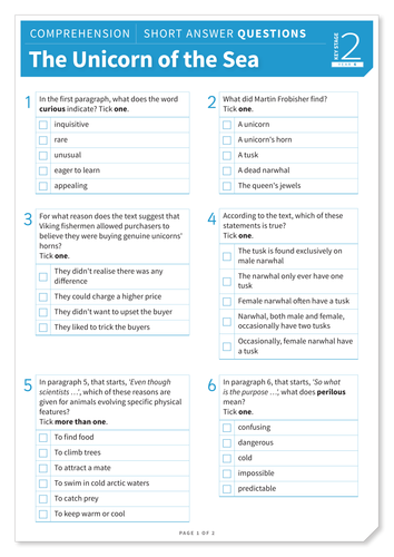 Unicorn of the Sea - Text and Questions Exercise - Year 6 Reading