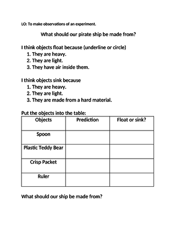 Differentiated worksheet on floating and sinking (including scientific methodology)