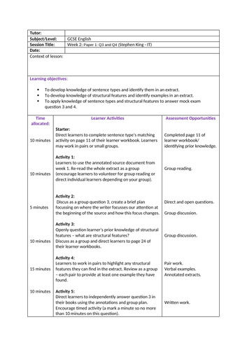 GCSE English lesson plan & resources (Paper 1 Question 3 & 4 ...