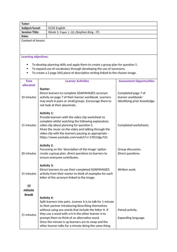 GCSE English lesson plan & resources (Paper 1 Question 5) | Teaching ...