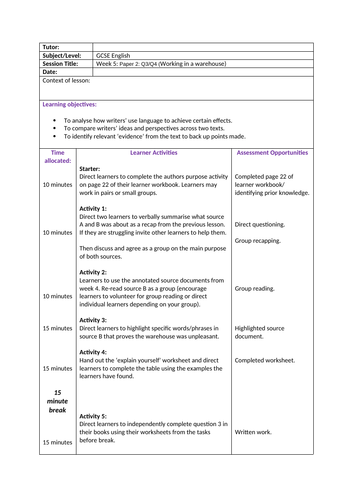 GCSE English lesson plan & resources (Paper 2 Question 3 & 4 ...