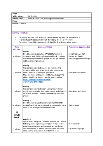 GCSE English lesson plan & resources (Paper 2 Question 5) | Teaching ...