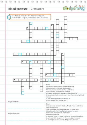 Blood pressure Crossword (KS5) Teaching Resources