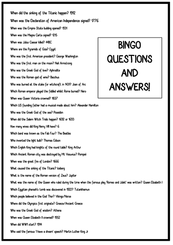 History Bingo Sheets And Questions Trivia Game Teaching Resources