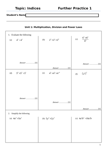 Indices - Worksheets + Further Practice 1 and 2 for a complete