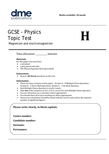 AQA GCSE Physics - Revision Topic Tests - Magnetism and ...