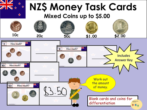 new zealand money task cards add up mixed coins to value 5 recording