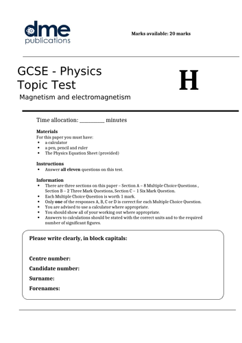 AQA GCSE Physics 9-1 - Topic Test - Magnetism and electromagnetism - H ...