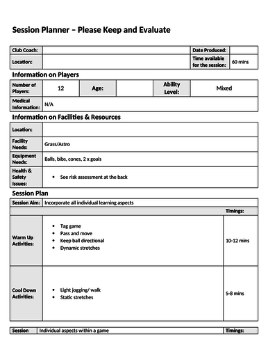 Football Session Plan Template Word