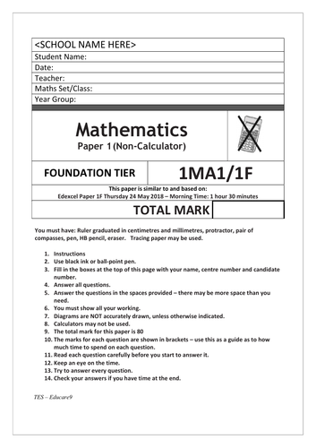 Sample Gcse Maths Paper Foundation May 24th 2018 Teaching Resources