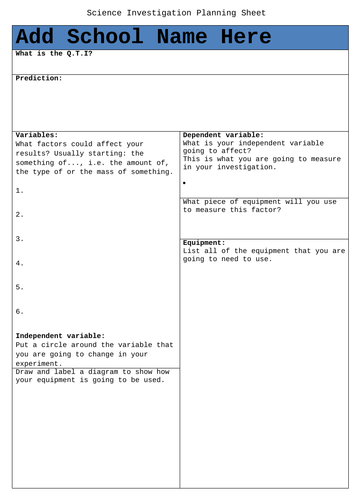 Science Investigation Planning Sheet