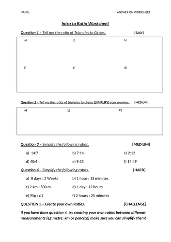 Intro to ratio + Simplifying Ratio Worksheet | Teaching Resources