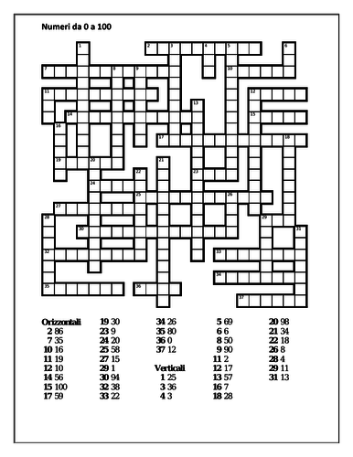 Numeri (Numbers in Italian) 0 to 100 Crossword