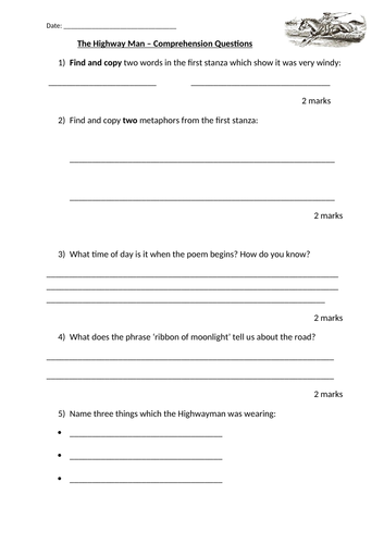 The Highwayman comprehension questions | Teaching Resources