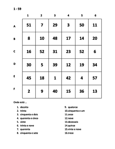 Números (Numbers in Portuguese) Find it Worksheet