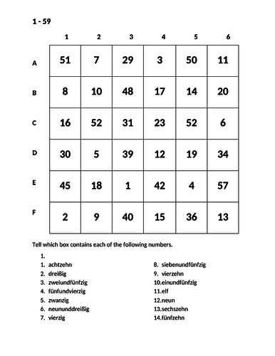 Zahlen (Numbers in German) Find it Worksheet