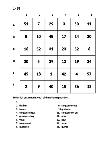 Numéros (Numbers in French) Find it Worksheet