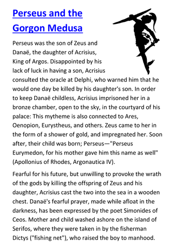 Perseus And The Gorgon Medusa Handout Teaching Resources 1229