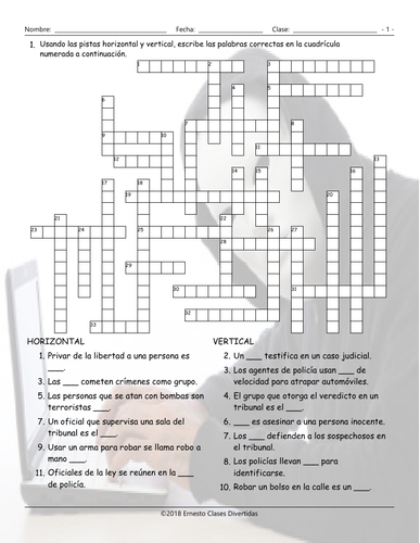 Crime Law Enforcement and Courts Spanish Crossword Puzzle Teaching