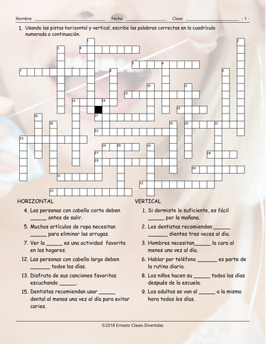 Daily Activities Spanish Crossword Puzzle Teaching Resources