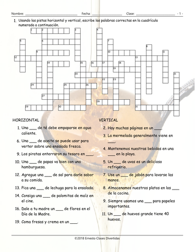 Container Words Spanish Crossword Puzzle Teaching Resources