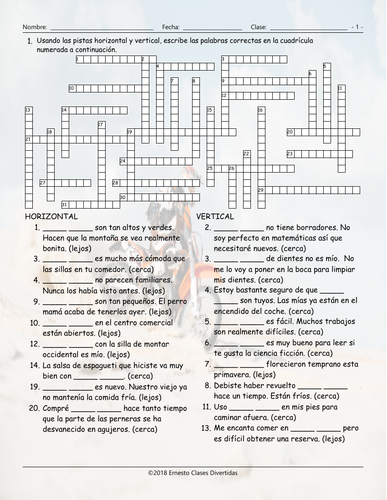 Demonstrative Adjectives Spanish Crossword Puzzle | Teaching Resources