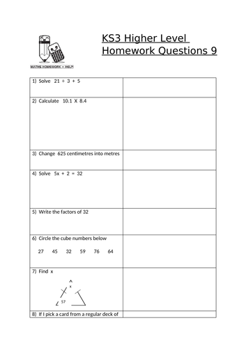 ks3 maths higher level homework worksheets teaching