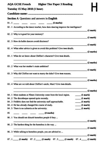 AQA GCSE French Higher Tier Paper 3 Reading template - Tuesday 15 May ...