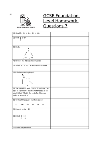 gcse maths foundation level homework worksheets teaching resources