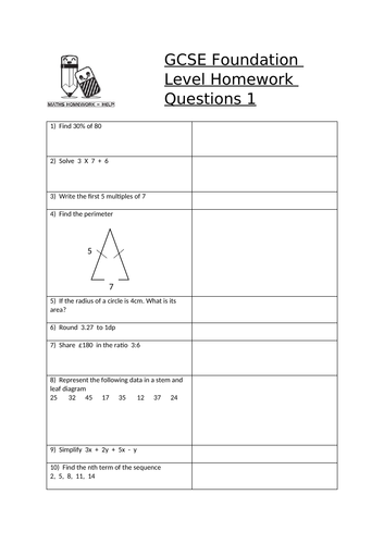 gcse maths foundation level homework worksheets teaching