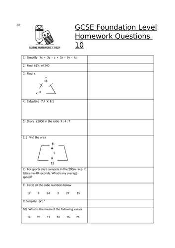 gcse maths foundation level homework worksheets teaching