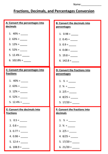 Fractions Decimals And Percentages Differentiated Worksheet Teaching