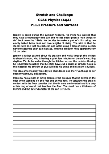 AQA Physics GCSE P11 (Pressure and Surfaces) - Gifted and Talented Resource Worksheets