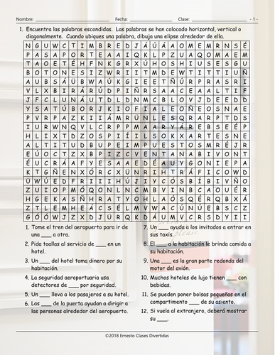 Airports and Hotels Spanish Word Search Worksheet | Teaching Resources
