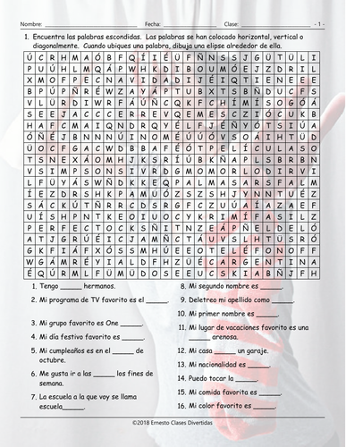Personal Information Spanish Word Search Worksheet | Teaching Resources