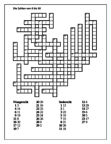 Zahlen (Numbers in German) 0 to 30 Crossword