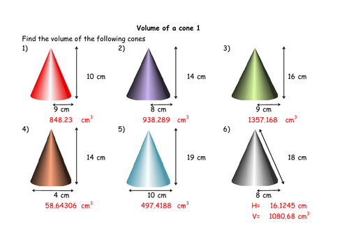 finding the volume of a cone 3 x worksheets with answers teaching resources