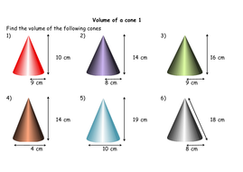 Finding the volume of a cone (3 x worksheets - with answers) | Teaching