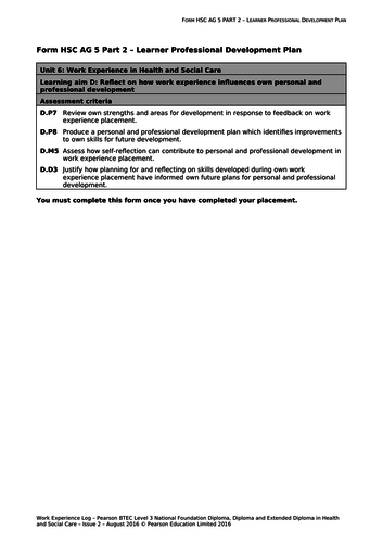 Unit 6 - Work Experience Log Book Support Sheets - BTEC Nationals