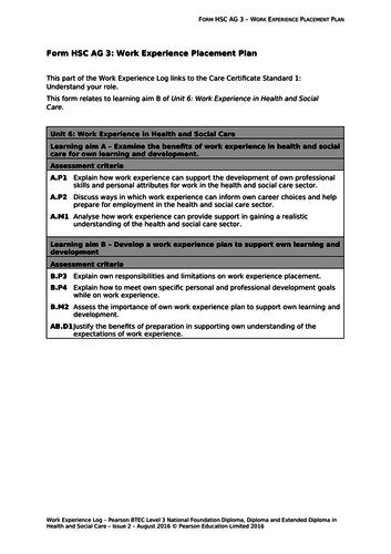 Unit 6 - Work Experience Log Book Support Sheets - BTEC Nationals