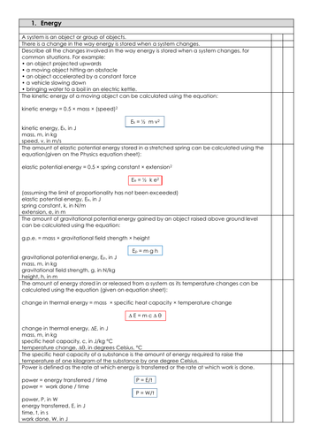 AQA GCSE 9-1 Physics. Specification Checklist. 1 ENERGY | Teaching ...