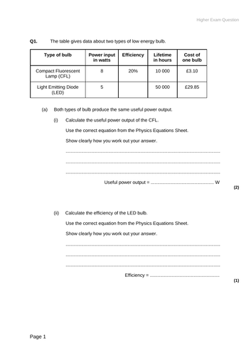 AQA Physics Trilogy Topic 1 Energy Efficiency | Teaching Resources