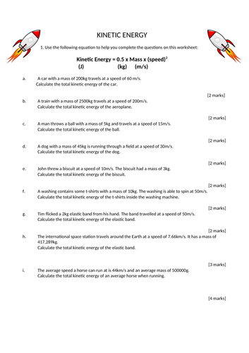 GCSE Physics Paper 1 Kinetic Energy Calculation Worksheet with